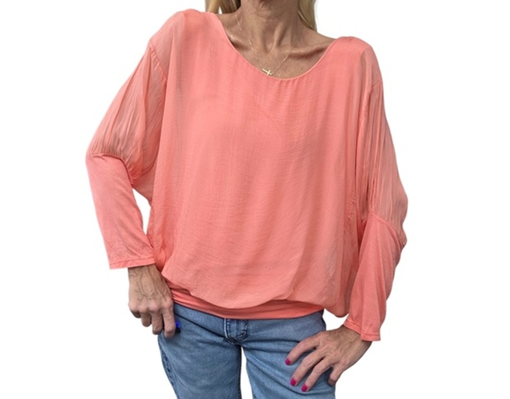 Gigi Moda Coral Silk Layered Batwing Blouse Made Italy One Size